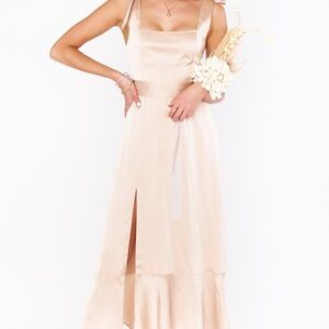 Show Me Your Mumu Claire midi dress in champagne luxe satin (Sz M)($188)